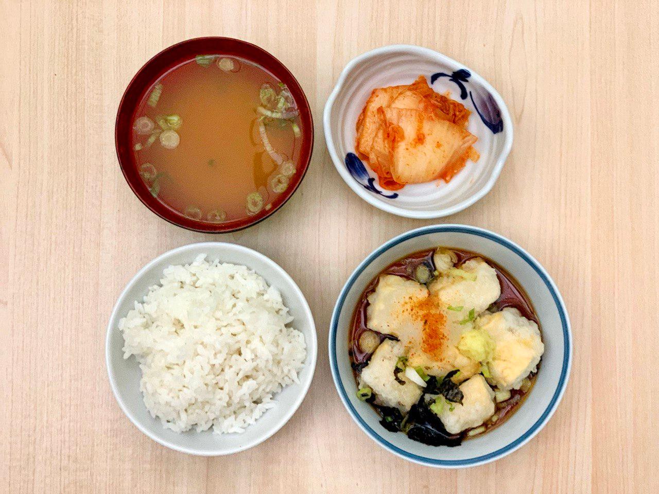 Serve the agedashi tofu with kimchi, miso soup and rice, miso soup. Enjoy!