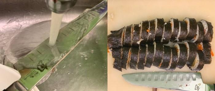 Get a sharp knife. Wet your knife and cut the <b>gimbap</b> into 1cm slices. Wet your knife again if cutting gets difficult.